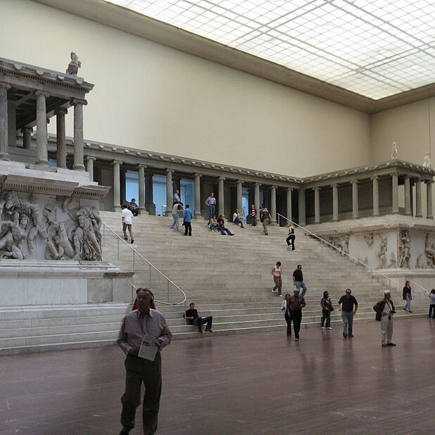 The Pergamon Altar - This massive altar measures 35.64 meters wide and 35.4 meters deep. Made between 130 and 100 B.C, this piece is an altar to Zeus, the god of sky, lightning, and thunder. 